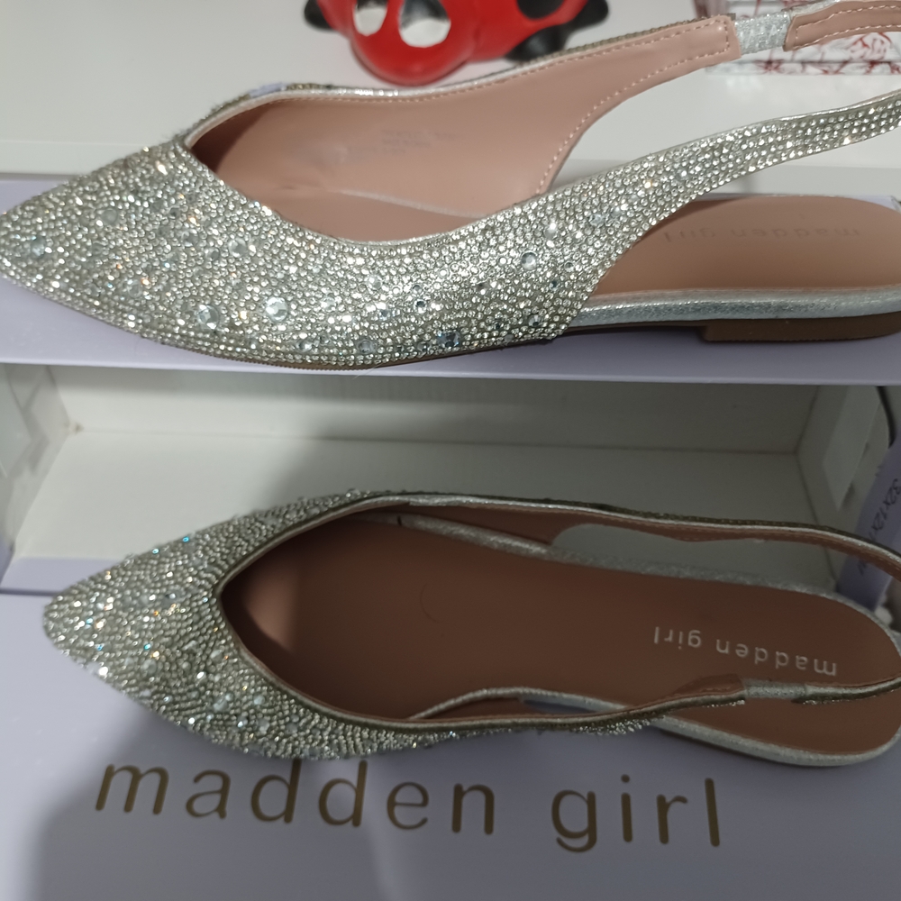 Madden Girl Silver Rhinestone Pointed Toe Slingback Flats